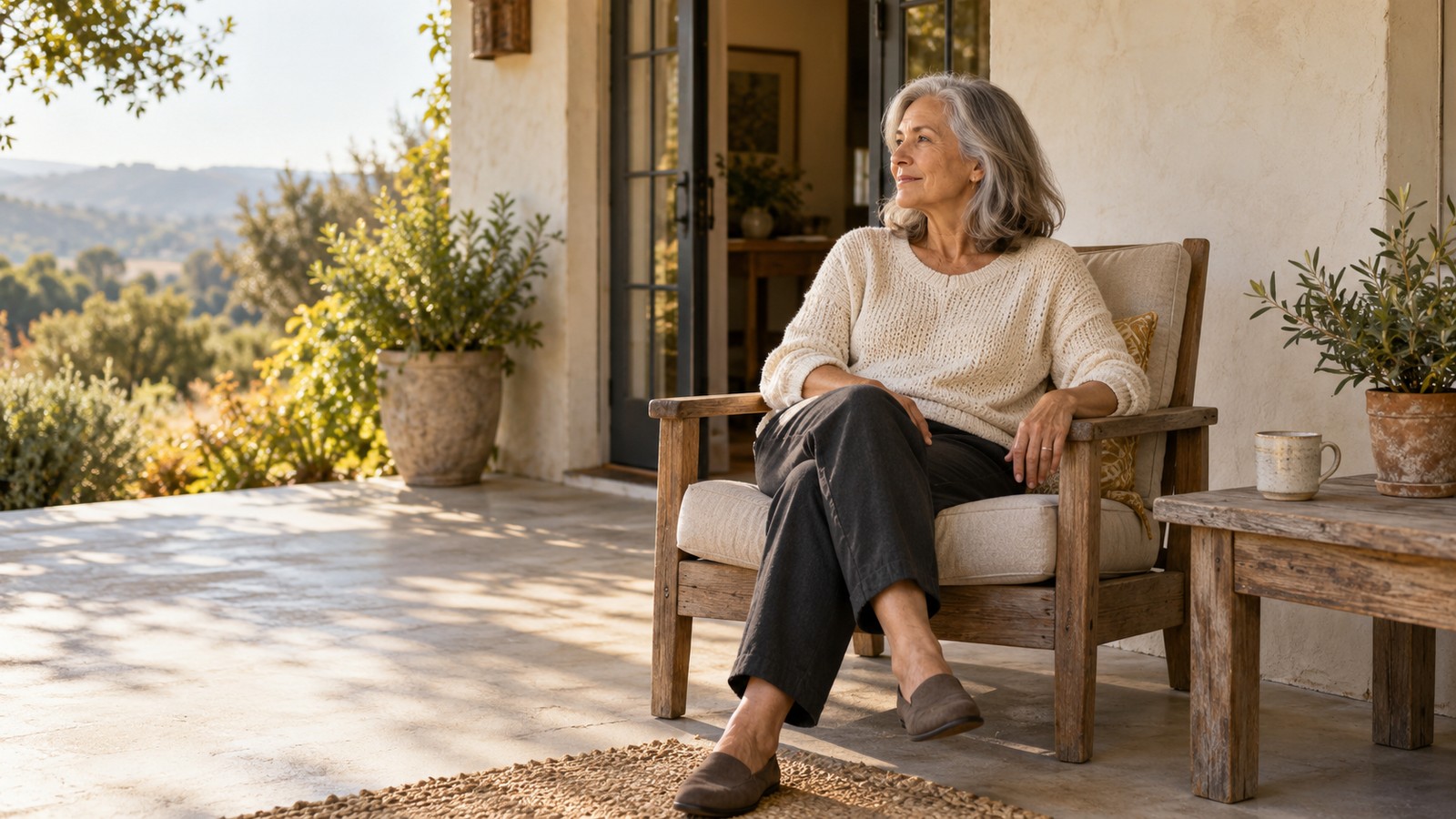 An older woman sits comfortably on a sunlit porch beside a ceramic mug and potted plants.