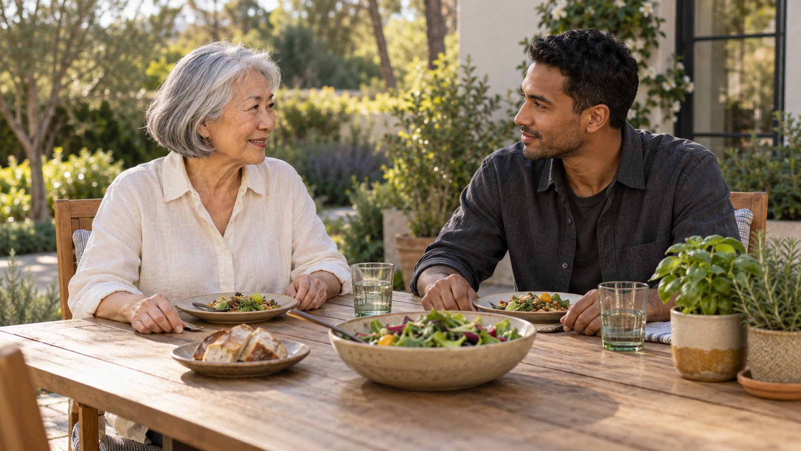 An older woman and a younger adult share lunch and conversation at a garden table beside potted herbs.