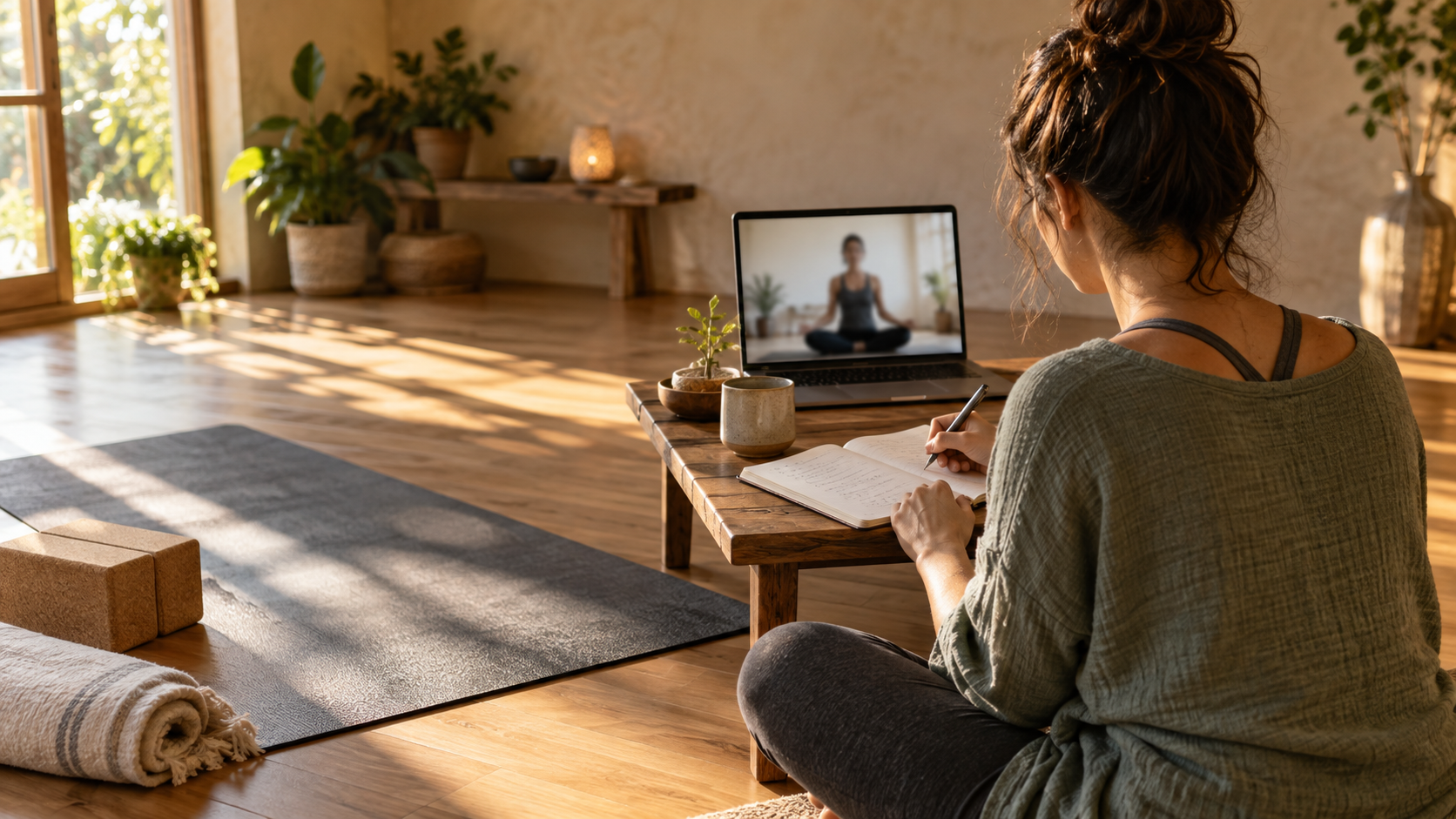 A learner takes notes beside a yoga mat while following an online lesson in a sunlit home studio.